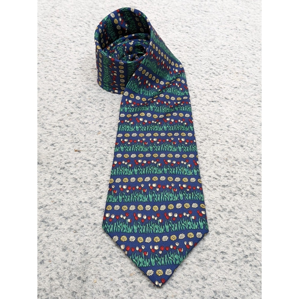 Vtg Brooks Brothers Makers Silk Tie Blue Green Floral Art Daisy USA 3.5"x59"